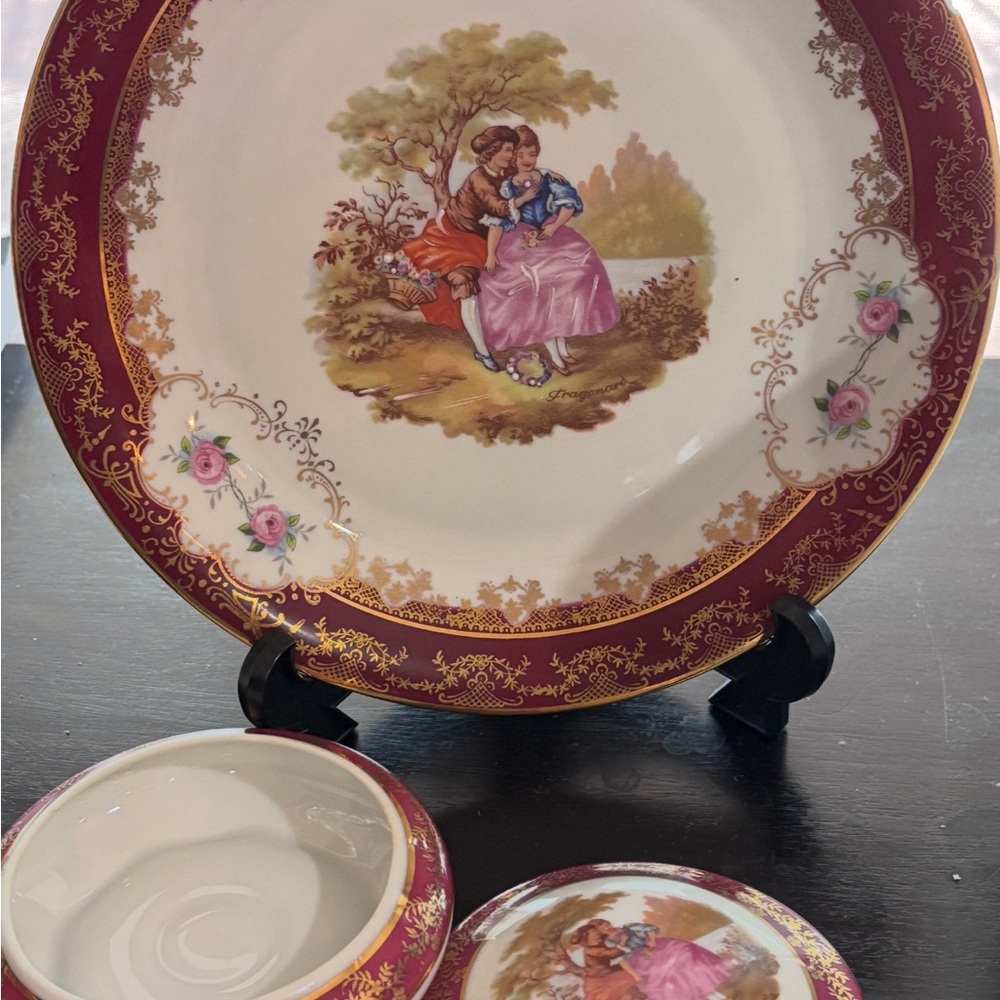 Vintage Limoges Fragonard Decorative 9 1/2" Plate – Burgundy & Gold Gilt Charger